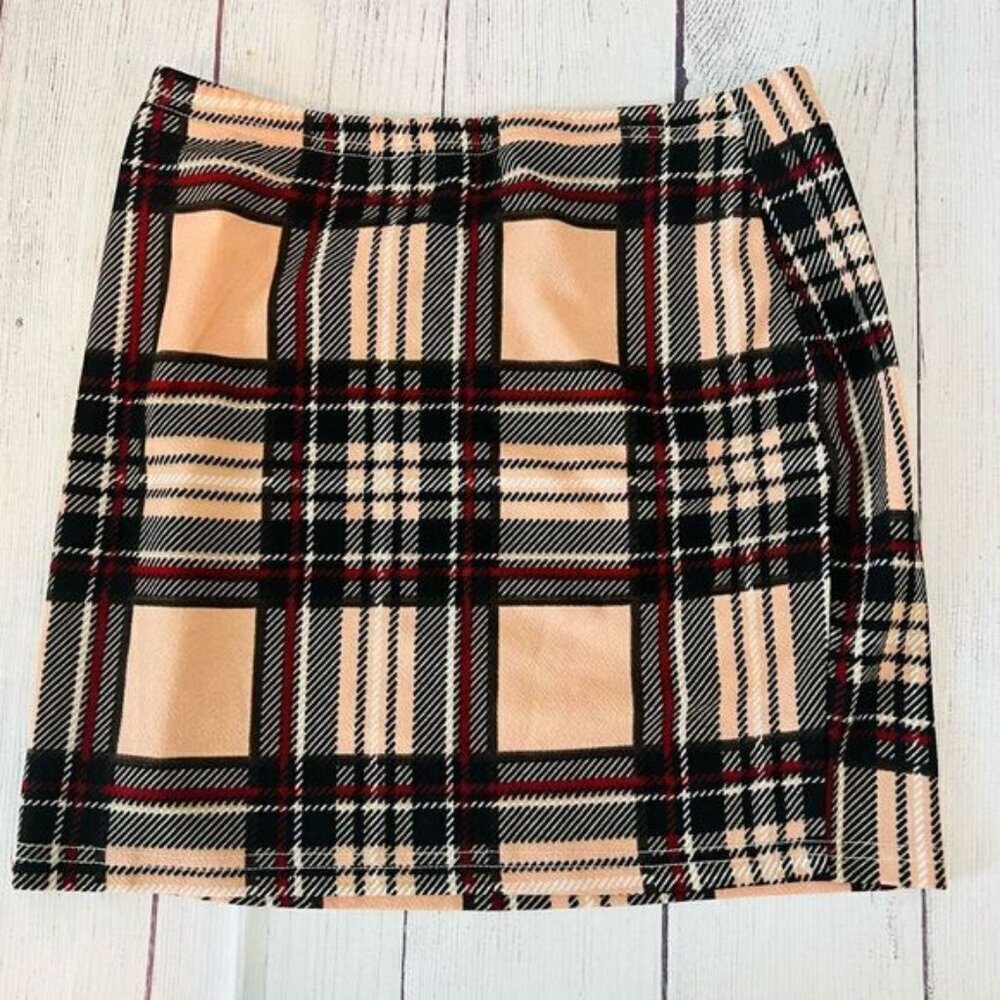Plaid Peach Black and Red Straight Mini Bodycon Skirt Size M